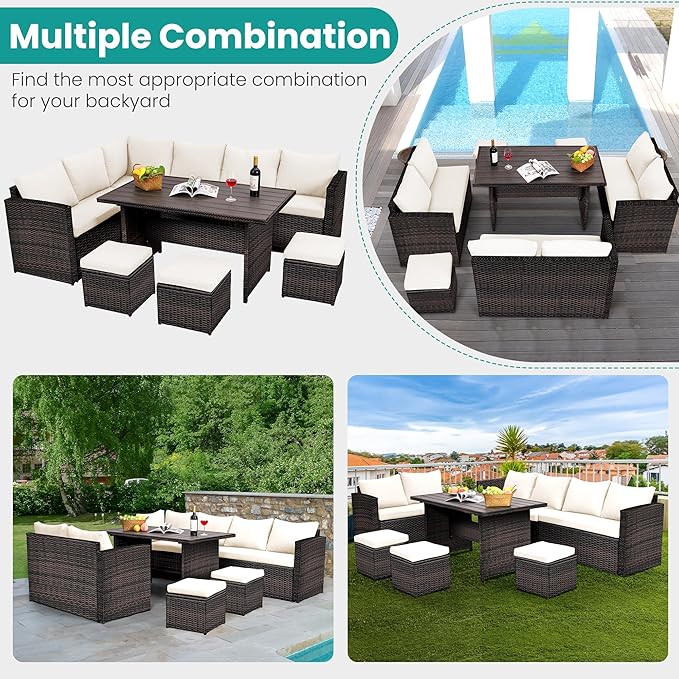 Patio Furniture Set, 7 Pieces Outdoor Patio Furniture with Dining Table&Chair, All Weather Wicker Conversation Set with Ottoman,Brown Rattan & Ivory Cushions (Include Sofa Dust Cover)