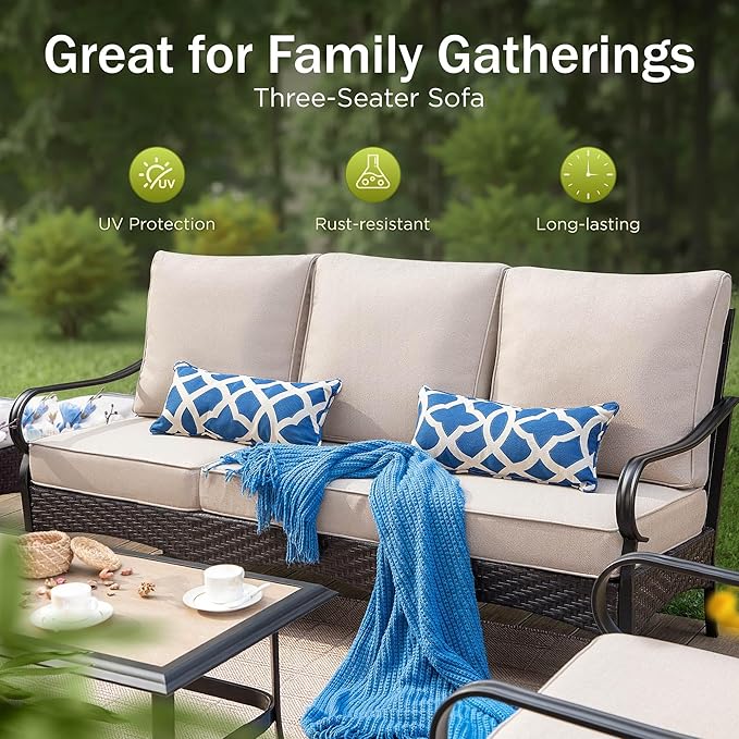 Patio Furniture Set with 56" Fire Pit Table, Premium Outdoor Wicker Metal Frame Furniture with Upgraded Waterproof Thick Cushions for Porch, Poolside, Deck, and Yard