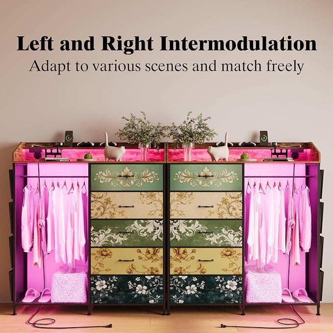 LUMTOK 2-in-1 Dresser with Hanging Racks,5 Fabric Drawers Dressers with LED Lights, Charging Station for Bedroom Living Room, Entryway, Closets (Retro Pattern) - Image 7