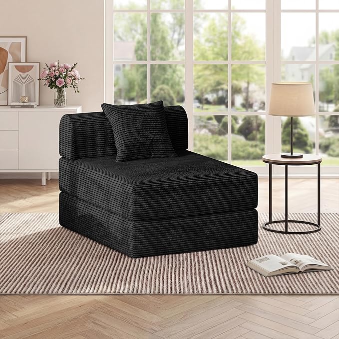 HouseMila Sofa Bed Couch,Convertible Boneless Couch Compressed Chair Comfy Boneless Chair Floor Lounge Chair with Pillow,No Assembly Folding Sofa Beds for Living Room Bedroom Guest Room(Single,Black)