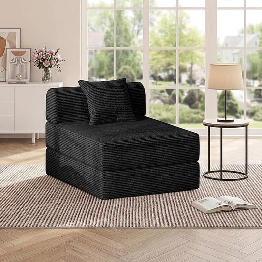 HouseMila Sofa Bed Couch,Convertible Boneless Couch Compressed Chair Comfy Boneless Chair Floor Lounge Chair with Pillow,No Assembly Folding Sofa Beds for Living Room Bedroom Guest Room(Single,Black)