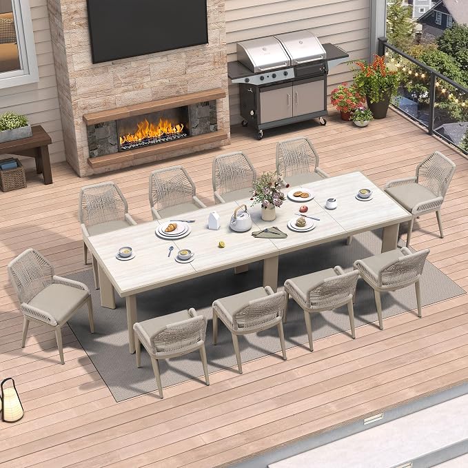 PURPLE LEAF 11 Pieces Patio Dining Set Aluminum Modern Rectangular Table and Wicker Chairs with Cushions for Kitchen Porch Garden Outdoor Furniture Sets, Champagne - Image 2