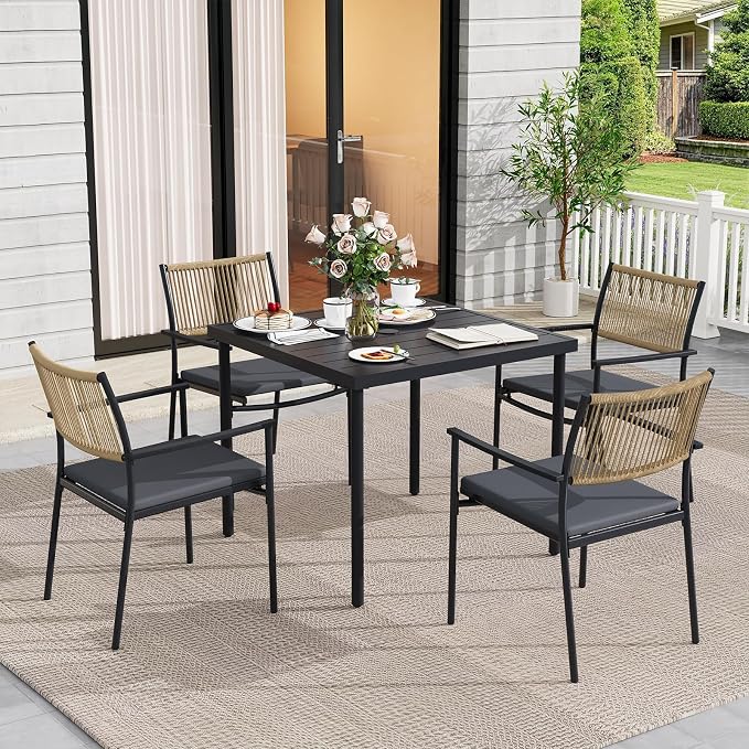 5-Piece Outdoor Dining Set for 4, Rectangle Expandable Table with Umbrella Hole, 4 Wicker Rattan Chairs with Soft Cushion,Patio Dining Set, Conversation Set for Backyard, Garden & Poolside, Black - Image 7