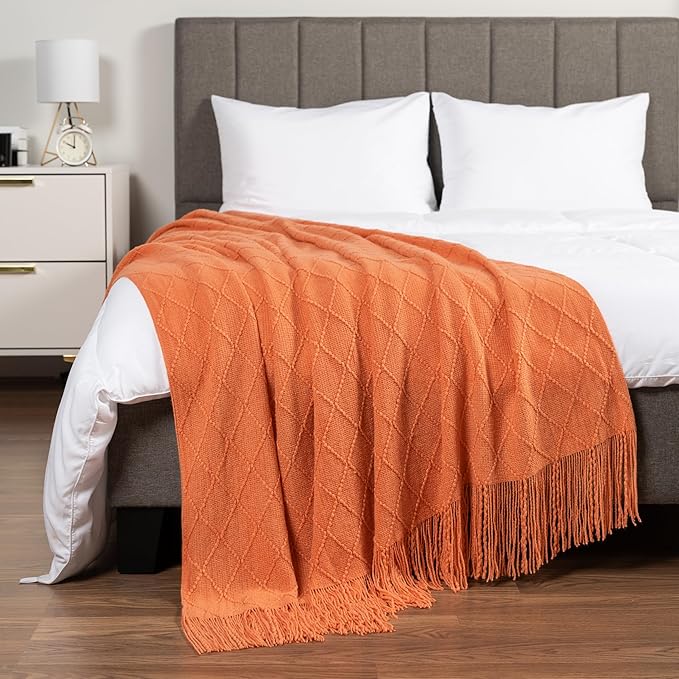 PAVILIA Coral Orange Knit Throw Blanket for Couch Bed, Soft Knitted Farmhouse Sofa Throw for Living Room, Lightweight Decorative Fall Throw Blanket for Chair, Outdoor Textured Boho Blanket, 50x60