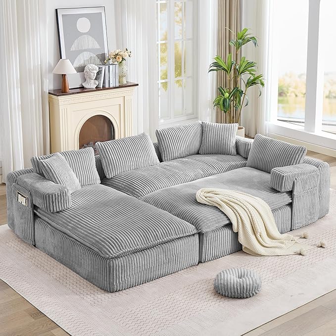 149" Oversized U Shaped Cloud Modular Sectional Sofa Boneless Couch with Double Chaise,Free Combination Convertible Floor Sofa Bed with Storage Pockets and Pillows | No Assembly