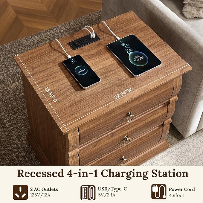ACCOHOHO 22" Vintage Nightstand with 3 Curved Front Drawers & Retro Ring Pulls & Charging Station, Wood Bedside Table, End Table with Stable Base for Bedroom, Black Walnut Side Table - Image 4
