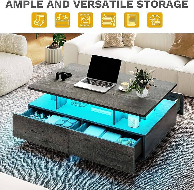 DWVO LED Coffee Table with Storage 4 Drawers, Modern High Glossy Coffee Tables for Living Room, Rectangle Coffee Table Small Center Table with Open Display Shelf & Sliding Drawers, Grey