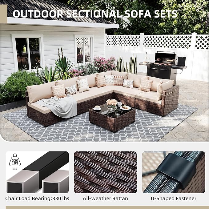UPHA 9 Pieces Patio Furniture Sets, Wicker Outdoor Sectional Sofa Couch with Rectangle Propane Pit for Deck Backyard Garden, Brown Rattan, Beige Cushion
