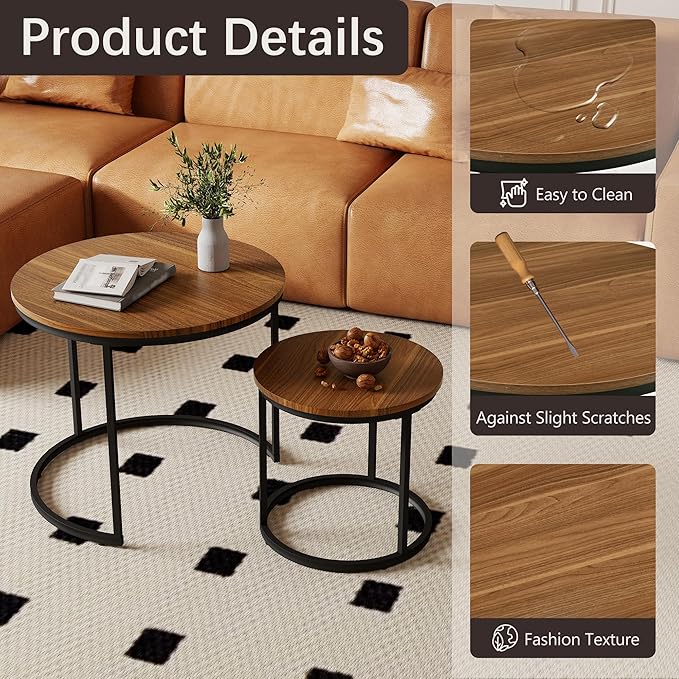 Nesting Tables Set of 2, Wood Grain Brown Round Coffee Table, Small Nesting Coffee Table with Adjustable Non-Slip Fee, Wood Grain Top Nesting Tables for Living Room, Bedroom