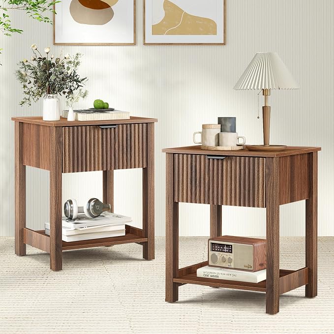 Mid Century Modern Night Stand with Drawer, Farmhouse Nightstand for Bedroom, Small End Table with Storage, Living Room/Bed Side Table for Small Spaces, Fluted Nightstand Set of 2 by affeivul