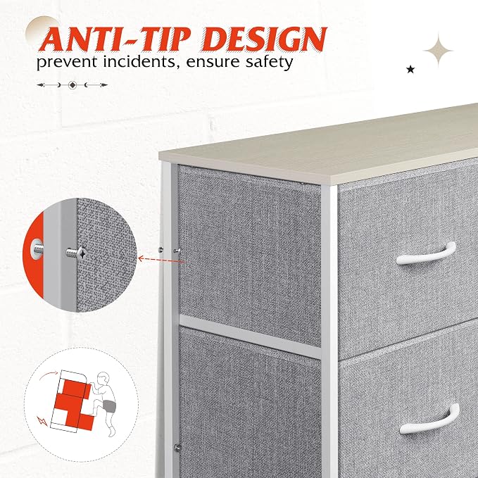 WLIVE Tall Dressers for Bedroom with 10 Drawers, Chest of Drawers, Dresser for Closet, Hallway, Living Room, Entryway, Light Grey - Image 7