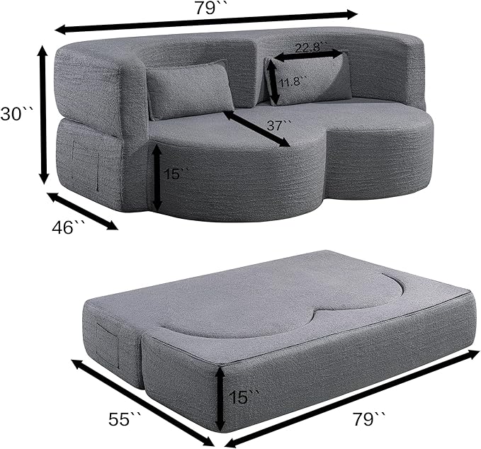 KEIKI 79" Convertible Floor Sofa Bed, Fold ‌Teddy Sleeper Cloud Couch with Storage & Deep Seat, Comfy Upholstery Curved Boneless Futon Couches, 2-in-1 Sofas for Living Room Bedroom, No Assembly, Grey