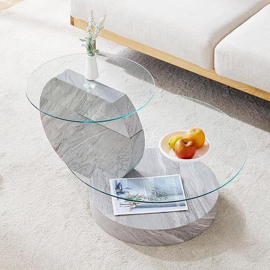 35.4" Glass Coffee Table, Round Coffee Table, 2-Tier Tempered Glass Tabletop with Grey Faux Marble Base, Modern Center Table for Living Room, Home, Apartment, Ideal for Small Space