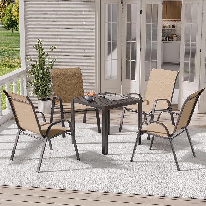 Patio Chairs Set of 4, Outdoor Dining Chairs Stackable for All Weather, Breathable Metal Modern Outside Furniture Chair for Pool Side, Garden, Backyard Deck, Brown - Image 8