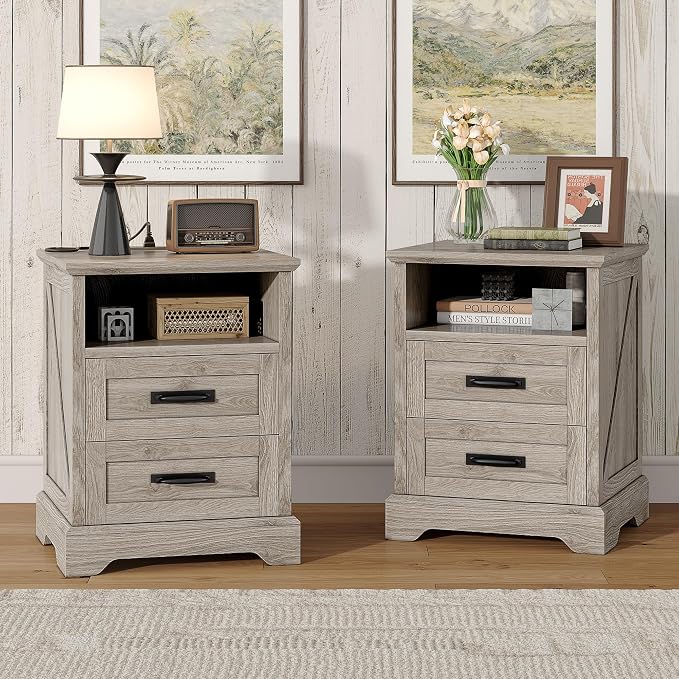 Whalefall Farmhouse Night Stand Set of 2, Large 2 Drawers Bed Side Table with Charging Station, 18 inch Wide End Table for Bedroom, Living Room, 2pcs, Light Wash Gray by Whalefall
