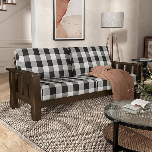 Furniture of America Gavik Modern Solid Wood Sofa with Plaid Removable Cushions, Black and White Upholstery Fabric, Wooden Comfortable Couch, Upholstered Seating for Living Room, Dark Walnut