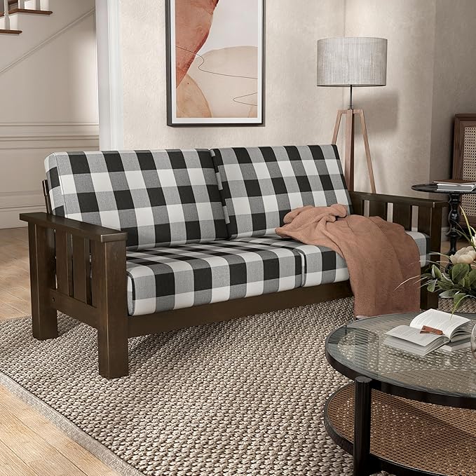 Furniture of America Gavik Modern 2-Piece Solid Wood Sofa Set with Plaid Removable Cushions, Black and White Upholstery Fabric, Comfortable Couch and Loveseat for Living Room, Dark Walnut