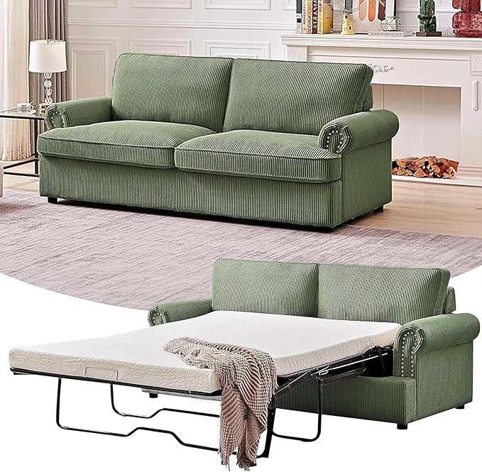 Reversible Sleeper Sofa Bed with Comfortable Memory Foam Mattress, Convertible Corduroy Full Size Pull Out Couch for Living Room, Space Saving Furniture, 76" Wide, Rounded Arms, Dark Green