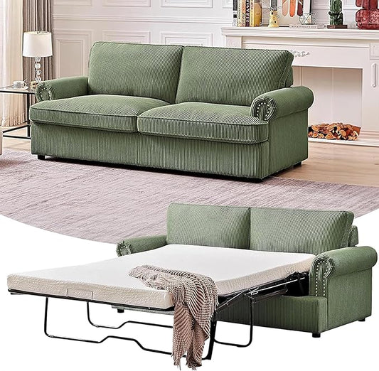 Reversible Sleeper Sofa Bed with Comfortable Memory Foam Mattress, Convertible Corduroy Full Size Pull Out Couch for Living Room, Space Saving Furniture, 76" Wide, Rounded Arms, Dark Green