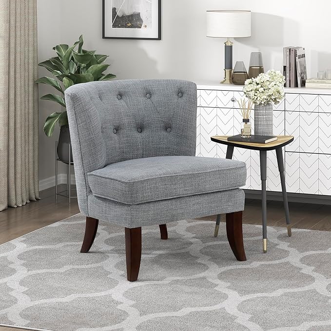 Lexicon Accent Chair, Textured Fabric Upholstered Armless Chair with Solid Wood Legs, Button Tufted Curved Back for Living Room/Bedroom/Office/Waiting Area, Dark Gray
