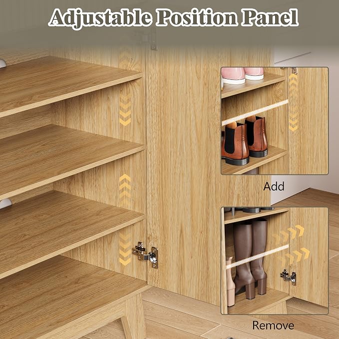 Shoe Cabinet Storage for Entryway with Doors, 4 Tier Fluted Shoe Organizer with 2 Drawers, Entryway Shoe Storage with Adjustable Shelves, Freestanding Hidden Shoe Rack for Front Door Entrance, Oak - Image 4