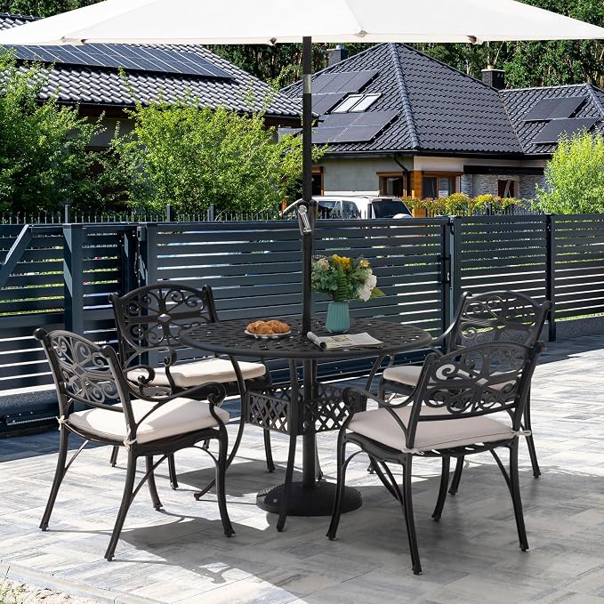 NUU GARDEN 5 Piece Cast Aluminum Outdoor Patio Dining Set, Round Patio Dining Table with 2.24" Umbrella Hole and 4 Patio Dining Chairs with Cushions for Garden, Balcony, Bronze and Beige - Image 9