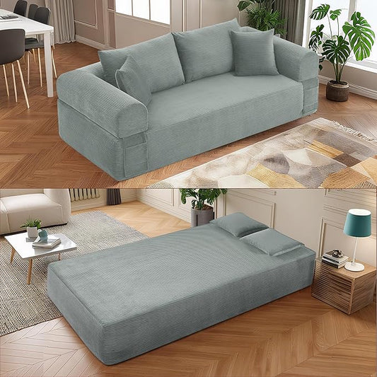 83" Modern Sofa in a Box, No Assembly Oversized 3 Seater 28" Deep Seat Cloud Sofa Bed Couch with 4 Furry Pillows & Corduroy Fabric, Boneless Couch with Side Storage Pockets for Living Room, Light grey