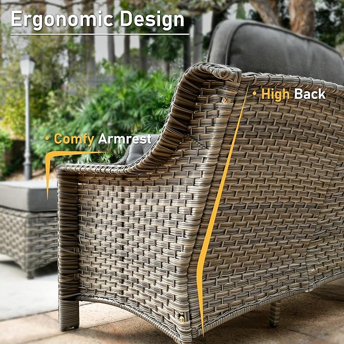 HOOOWOOO 5 Piece Patio Set with Fire Pit Table, All Weather Resistant High Back Rattan Outdoor Wicker Furniture (Dark Grey)