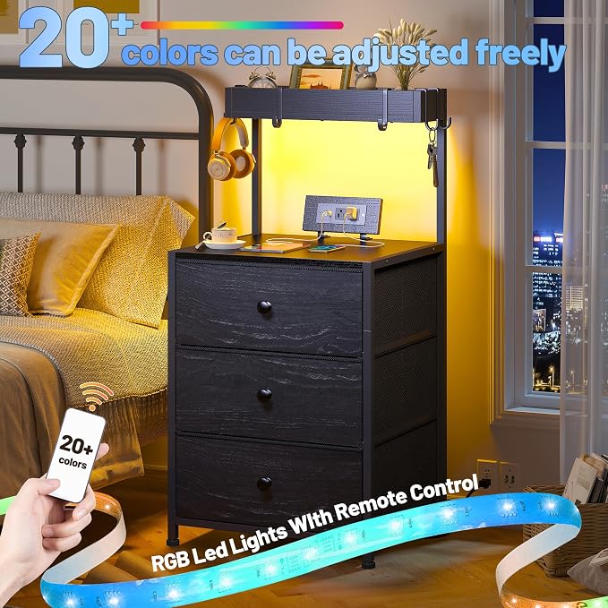 EnHomee Tall Night Stand Set of 2, Nightstand with Charging Station and Led Nightstand with 3 Drawers, Bedside Table with Drawers and Outlets, for Bedroom,Entryway, Hallway, 4 Hooks, Black - Image 4