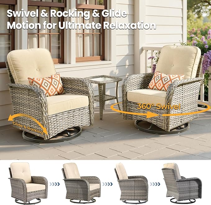 Weaxty Outdoor Swivel Rocker Patio Chairs, 3 Pieces Patio Furniture Set with Rocking Chair and Wicker Side Table, Outdoor Furniture Conversation Set for Porch, Deck, Yard, Balcony, Beige