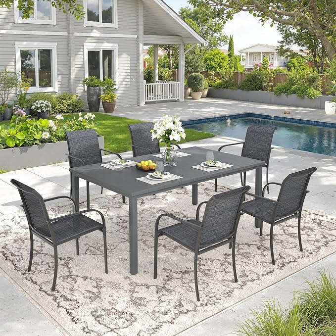 DIFY 7 Pieces Outdoor Patio Dining Set for 6, 63" Grey Rectangle Metal Dining Table and 6 Grey Stackable Sling Dining Chairs, Outdoor Table and Chairs for Lawn Garden Backyard Deck by DIFY
