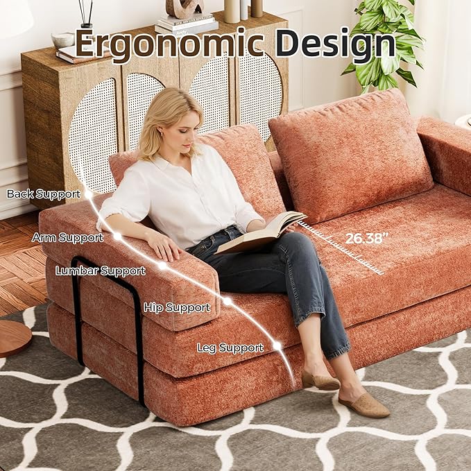 Convertible Sofa Bed, 4-in-1 DIY Combination Modular Couch with Pillows, Comfy Boneless Sleeper Sofa Bed with Fixed-Shape Frame, Chenille Convertible Lounge Couch for Living Room, Orange