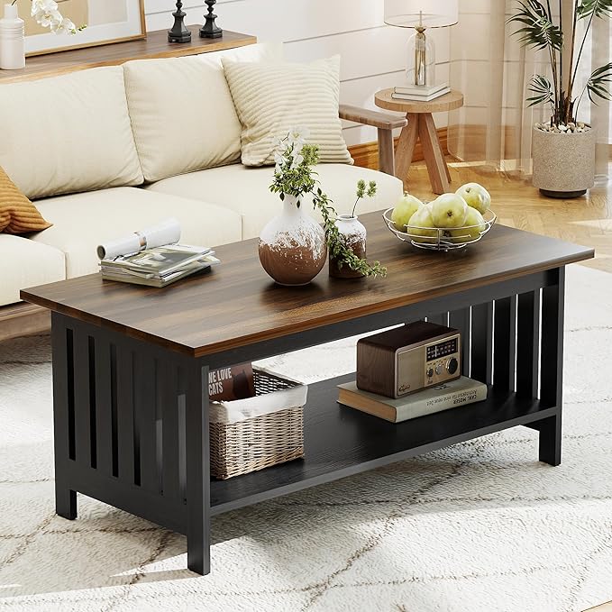 YOSHOOT 39.4" Farmhouse Coffee Table - Coffee Tables for Living Room, Small Coffee Table with Storage, Center Table for Living Room, Bedroom, Office, Black
