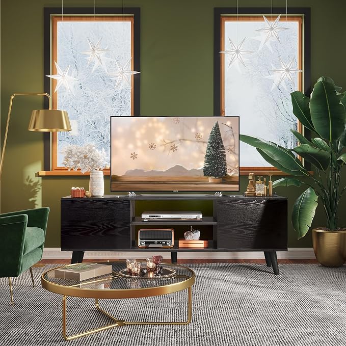 WLIVE Mid-Century Modern TV Stand for 55/60 Inch TV, Entertainment Center with Storage & Adjustable Shelves, Media Console with Soft-Close Cabinets for Living Room/Bedroom, Black - Image 2