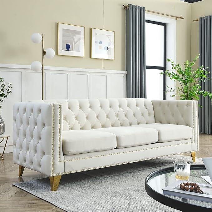 KEIKI Tufted Velvet 3 Seat Sofa Couch for Living Room, Buttons Tufted Square Arm Couch for Home Apartment, Beige