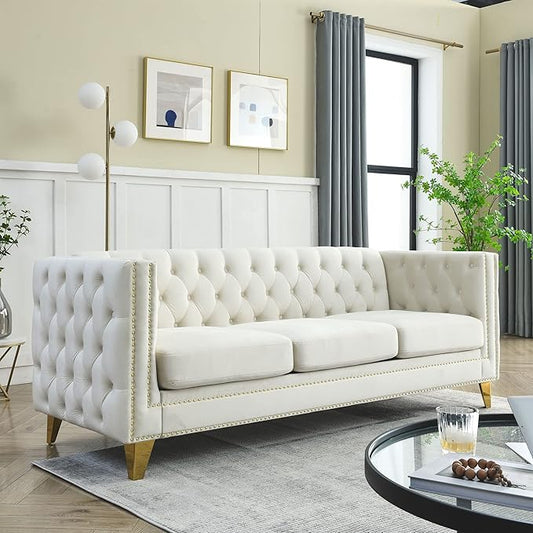 KEIKI Tufted Velvet 3 Seat Sofa Couch for Living Room, Buttons Tufted Square Arm Couch for Home Apartment, Beige