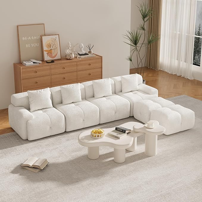 135" U-Shaped Compressed Sectional Cloud Sofa, Flannel Upholstered Modular Tufted Sofa with 6 Pieces, Symmetrical Boneless Foam Modular Cloud Couches for Living Room