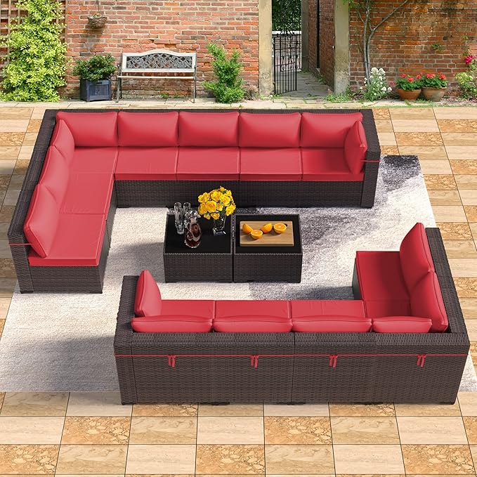 14 Pieces Outdoor Patio Furniture Set,Outdoor Sectional Furniture All Weather PE Rattan Wicker Patio Conversation Set with 2 Coffee Tables and 12 Thickened Cushions,Red