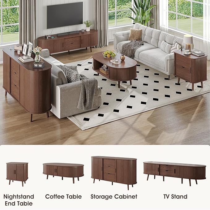 Alohappy Oval Coffee Table, Mid Century Modern Coffee Table with Sliding Tambour Door, Fluted Center Table with Hidden Storage, Curved Profile Dining Table for Living Room, Home Office,Walnut