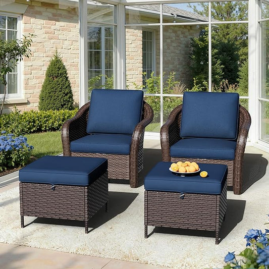 Outdoor Chairs Set with Ottomans, 4 PCS Patio Conversation Furniture Set with Removable Cushions, All-Weather Wicker Furniture for Porch, Backyard, Deck, Sunroom (Navy Blue)