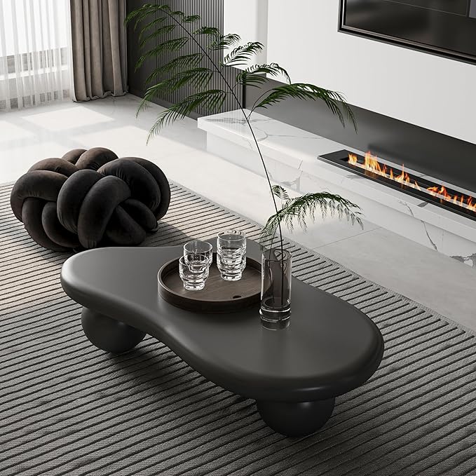40" Irregular Cloud Coffee Table Asymmetrical Tea Table Low Center Tables with 3 Ball Legs for Living Room Office Apartment Modern Furniture Cream Black