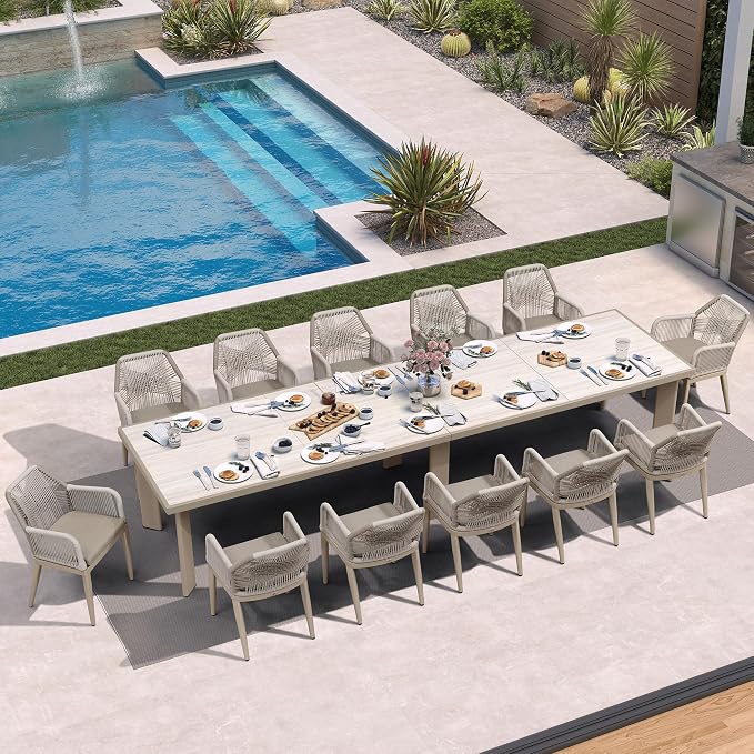 PURPLE LEAF 13 Pieces Patio Dining Set Aluminum Modern Rectangular Table and Rattan Arm Chairs with Cushions for Kitchen Porch Garden Outdoor Furniture Sets, Champagne - Image 2