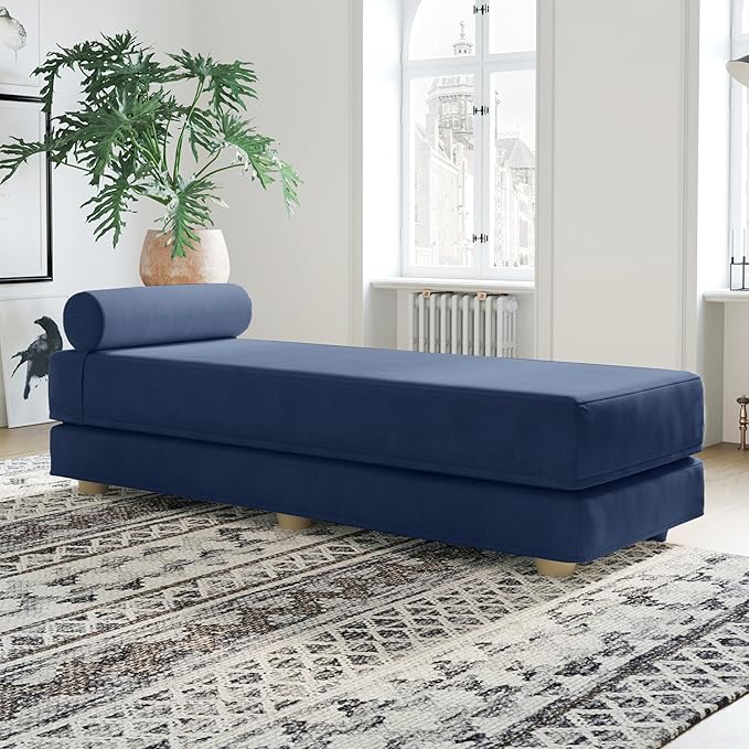 Jaxx Alon Daybed - Fold-Out Sleeper Chaise with Premium Memory Foam Queen-Size Mattress - Made in The USA - Indigo