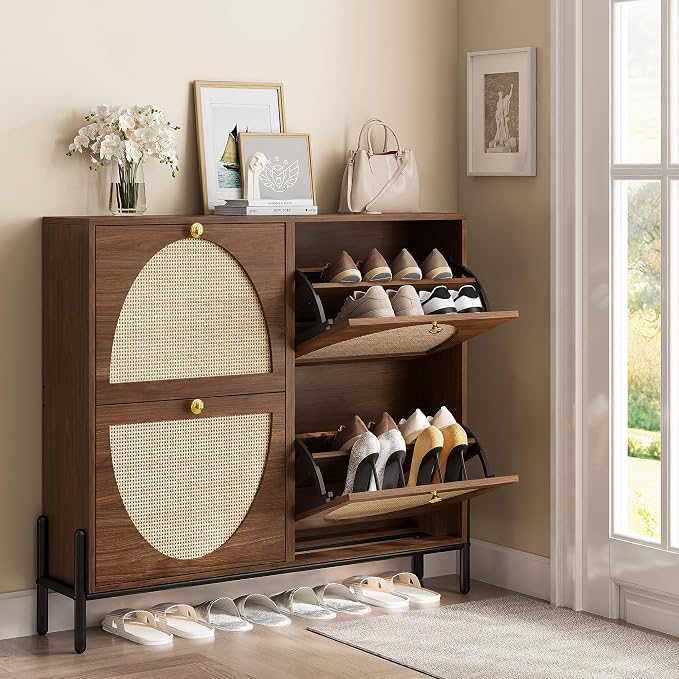 IRONCK Rattan Shoe Cabinet Storage with 4 Flip Drawers, Freestanding Shoe Storage Organizer Cabinet for Entryway, Narrow Shoe Rack Cabinet, Walnut - Image 2