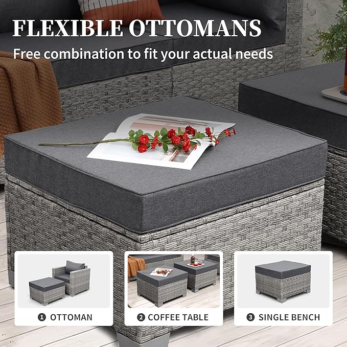 WAROOM Patio Furniture Set 7 Piece Grey Wicker Outdoor Conversation Sets PE Rattan Sectional Sofa with Large Fire Pit Table and Anti-Slip Grey Cushion