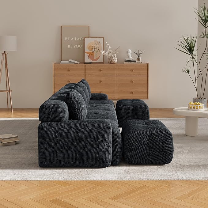 135" U-Shaped Compressed Sectional Cloud Sofa, Flannel Upholstered Modular Tufted Sofa with 6 Pieces, Symmetrical Boneless Foam Modular Cloud Couches for Living Room