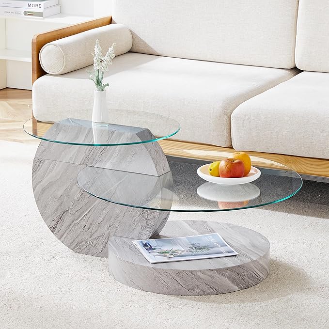 35.4" Glass Coffee Table, Round Coffee Table, 2-Tier Tempered Glass Tabletop with Grey Faux Marble Base, Modern Center Table for Living Room, Home, Apartment, Ideal for Small Space