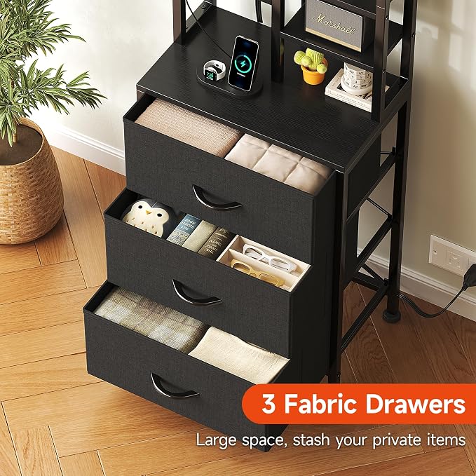 COTUBLR Night Stand, Tall Nightstand with Charging Station and LED Lights, Side Table with 4-Tier Shelves and 3 Fabric Drawers, 45.3" Tall Bedside End Tables for Bedroom, Hallway, Office, Black - Image 6