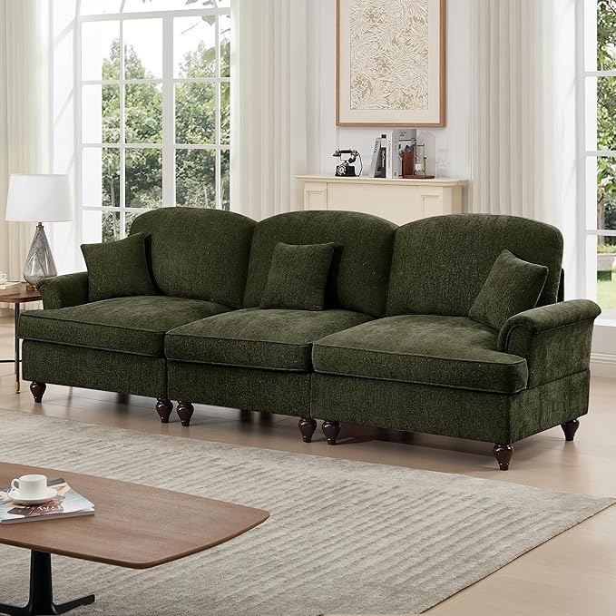 KEIKI Mid Century Modular Sofa with Flared Arms and Skirted Design, 107” Oversized 3-Seater Luxury Chenille Sectional Couches for Living Room, Big Comfy Couch Bedroom Furniture, Green