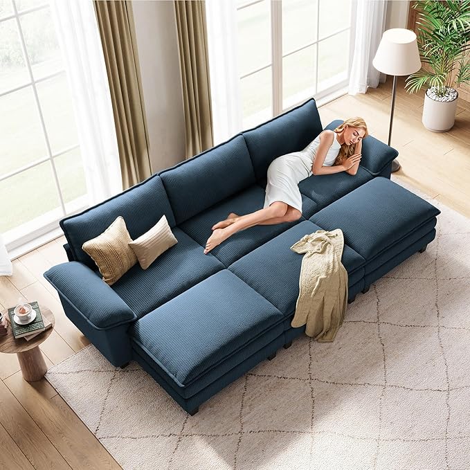 LINSY HOME Modular Sectional Sofa - 123 Inch Oversized Corduroy Cloud Couch with Movable Ottoman Soft Modern Comfy Sofa Set for Living Room Apartment Office, Blue